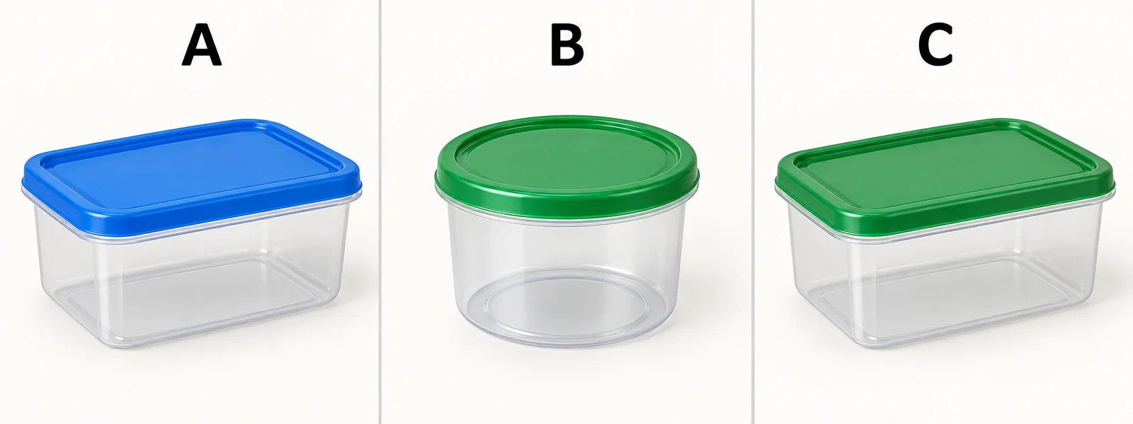 A: Een rechthoekig bakje met een blauw deksel. B: Een rond bakje met een groen deksel. C: Een rechthoekig bakje met een groen deksel.