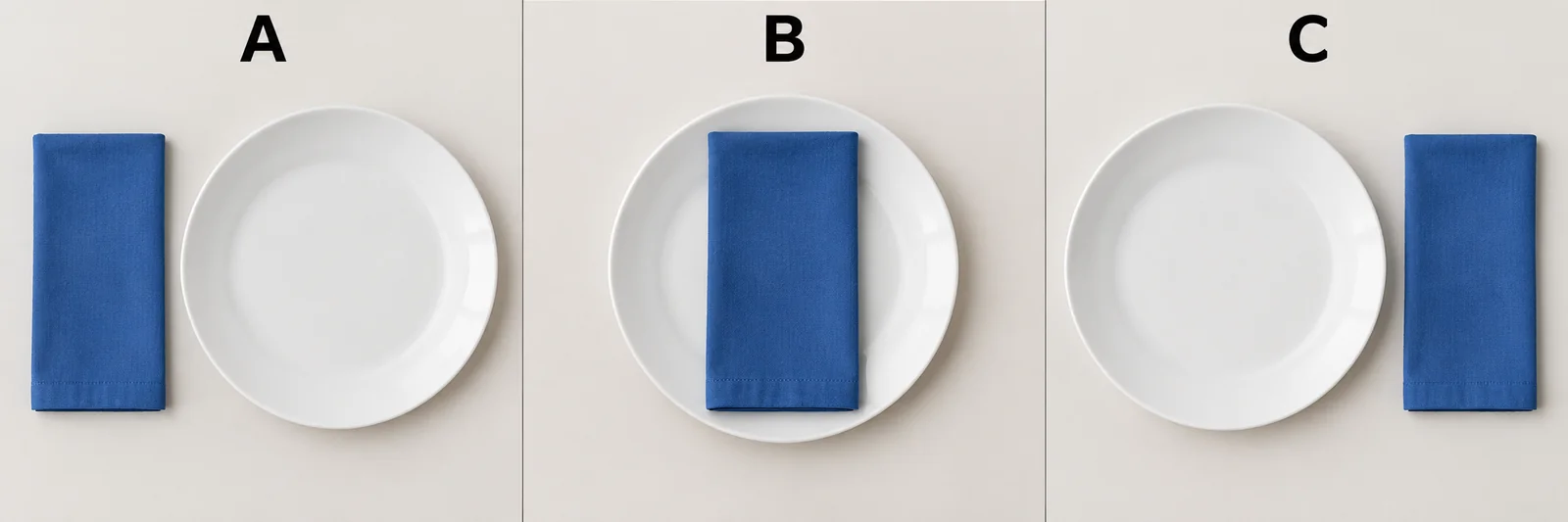 A: Een blauw servet links naast een wit bord. B: Een blauw servet op een wit bord. C: Een blauw servet rechts naast een wit bord.
