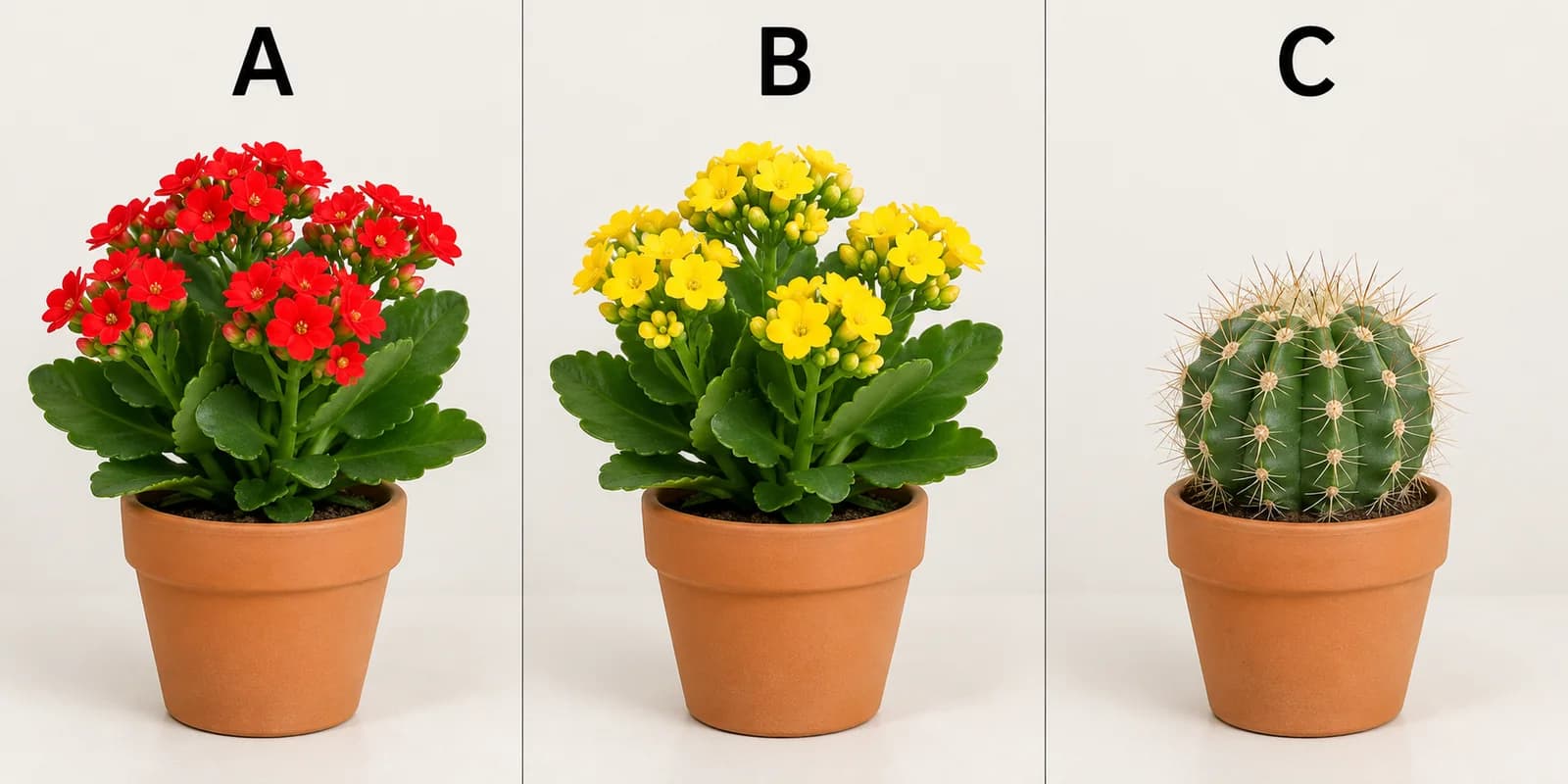 A: Een plant met rode bloemen. B: Een plant met gele bloemen. C: Een cactus zonder bloemen.