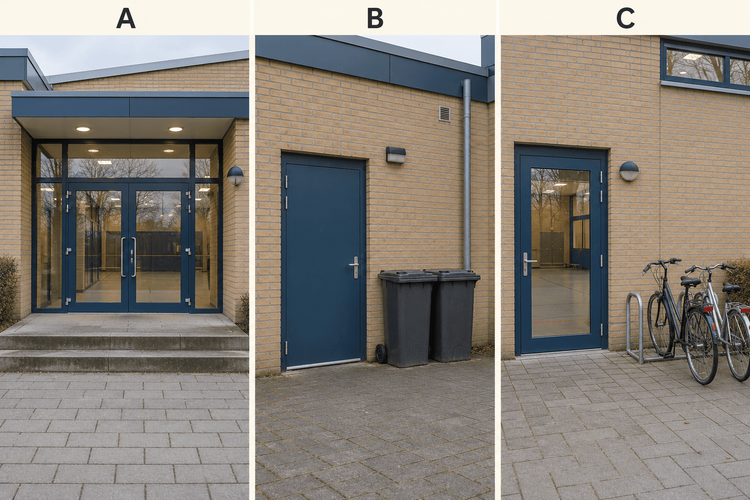 Drie ingangen: A een glazen dubbele deur met treden, B een blauwe deur naast afvalbakken, C een glazen deur naast fietsenrekken met fietsen.
