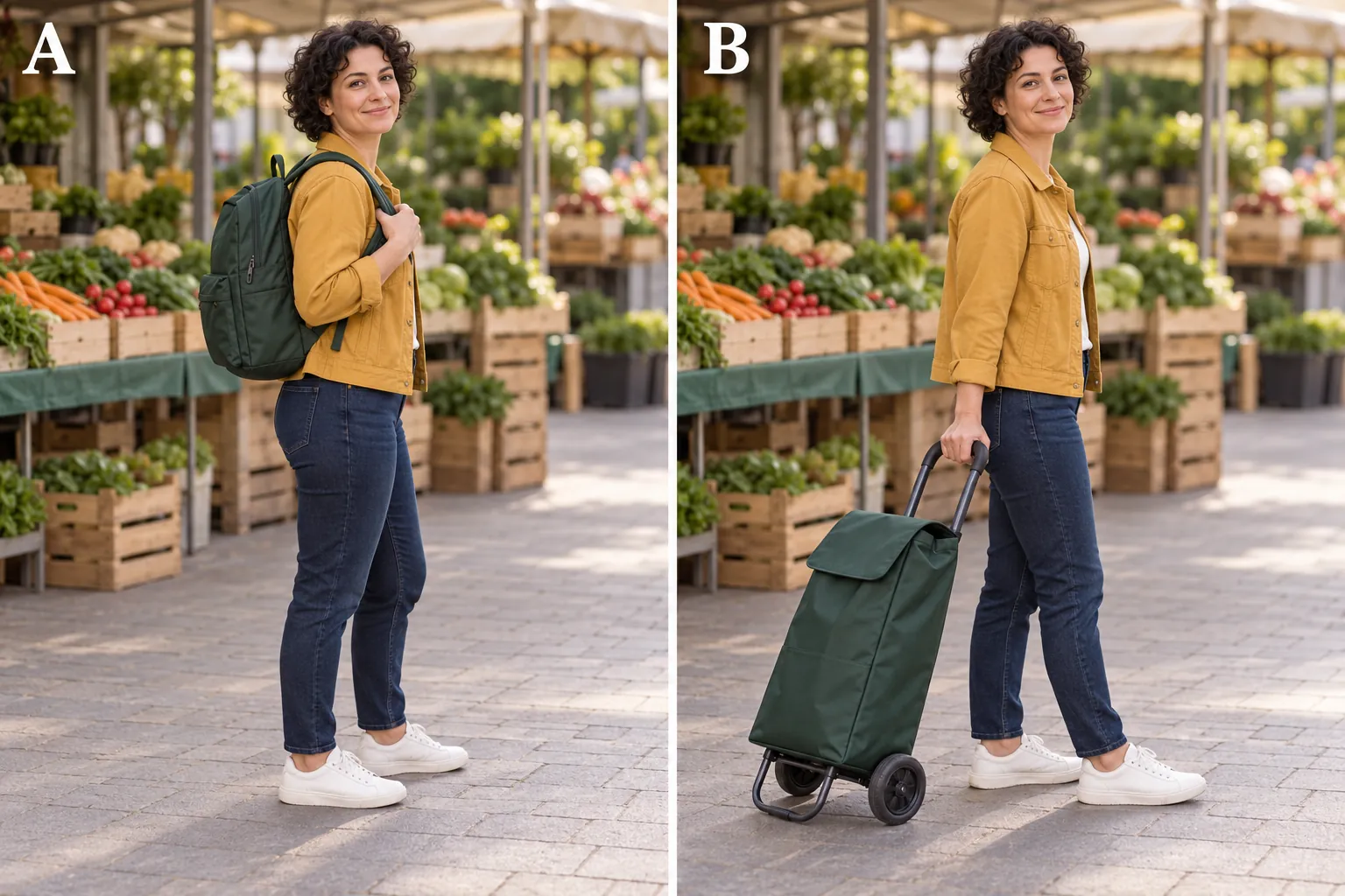 Twee manieren om boodschappen mee te nemen, aangeduid met A en B.