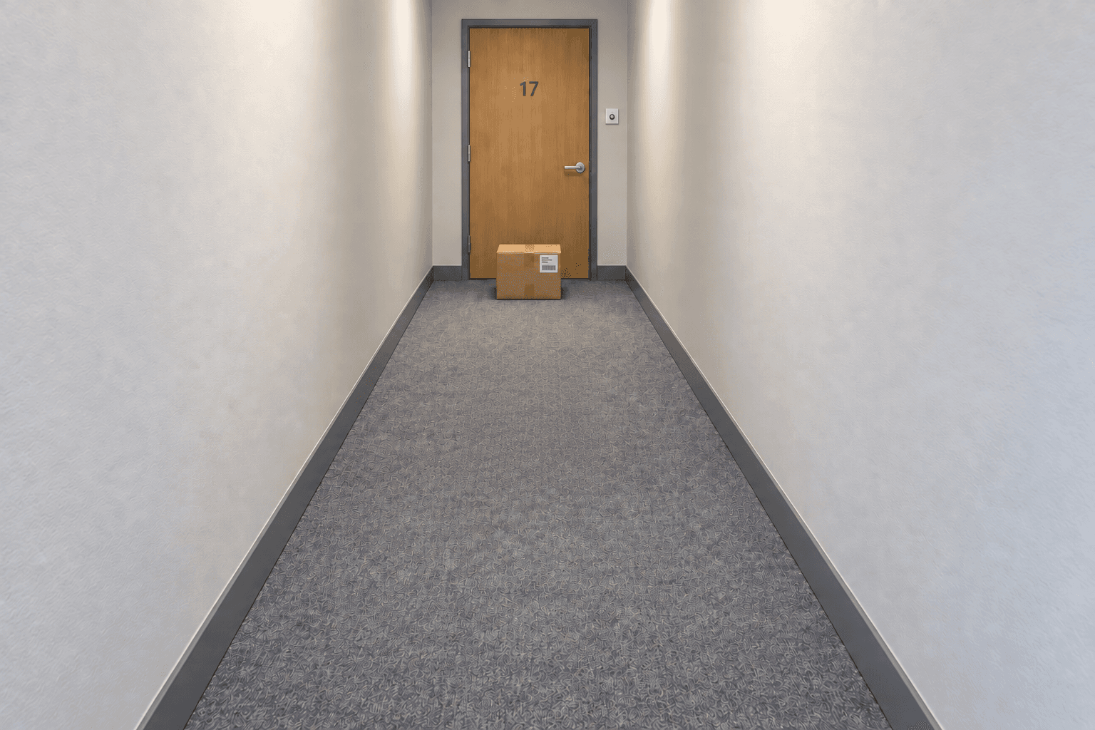 Een klein pakket met een verzendetiket staat vlak voor appartementsdeur 17 in een gezamenlijke gang. Rechts naast de deur zit een deurbel. De rest van de gang is vrij.