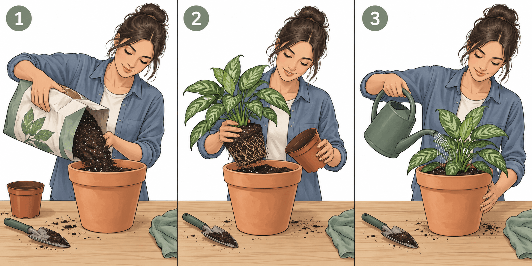 Drie stappen: aarde in een grotere pot doen, de plant uit de kleine pot overzetten en de plant water geven.