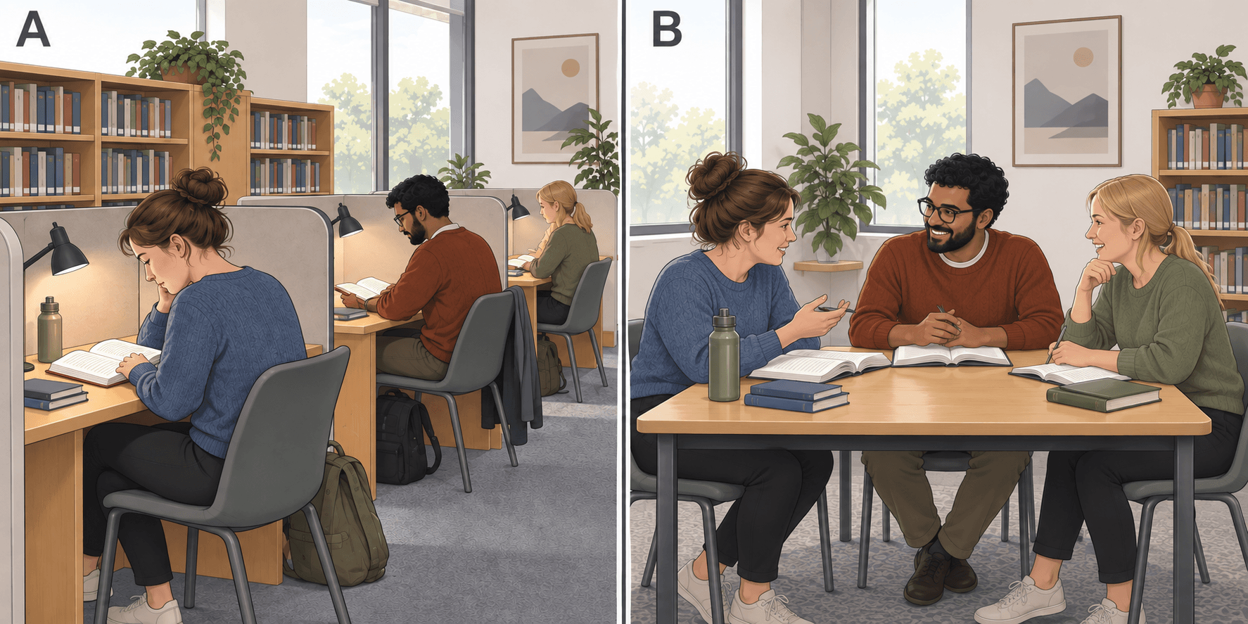 Dezelfde drie volwassenen in beide ruimtes: een vrouw in een blauwe trui, een man met bril in een roestbruine trui en een blonde vrouw in een groene trui. In A lezen ze apart aan bureaus met tussenschotten; in B praten ze samen aan één tafel.