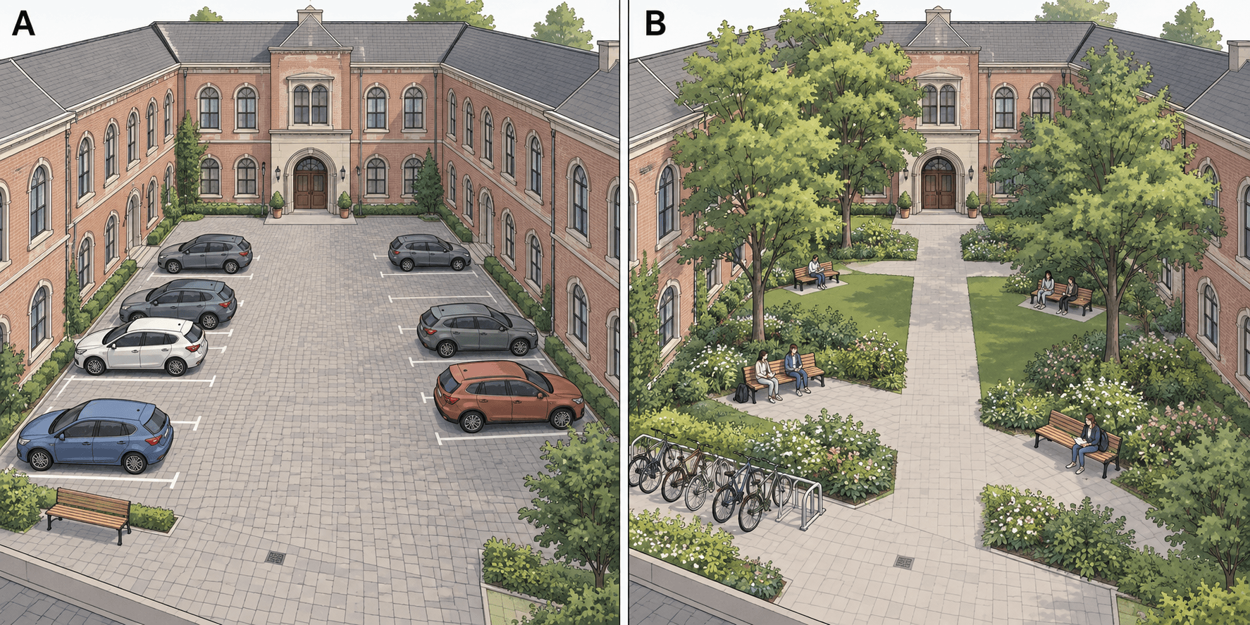 Binnenplein A met geparkeerde auto's, bestrating en één bank. Binnenplein B met bomen, planten, meerdere banken, fietsenrekken en een vrij wandelpad.