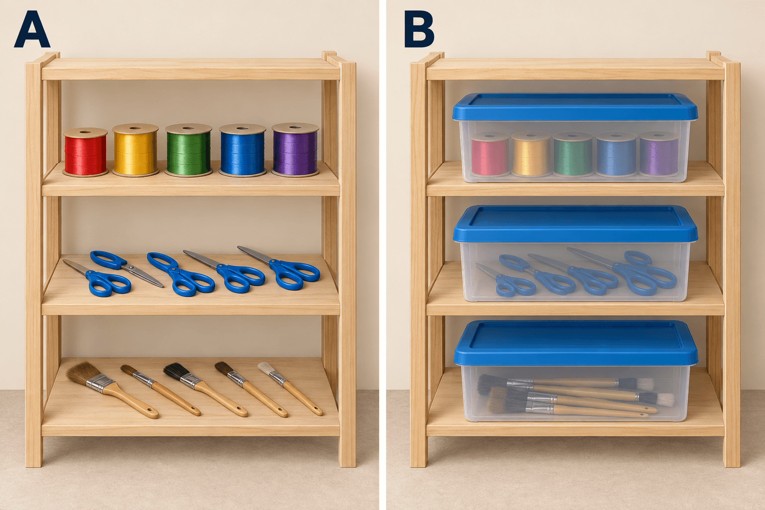 Twee gelijke houten stellingen. In A liggen linten, scharen en kwasten open op de planken. In B zitten de materialen per plank in een doorzichtige opbergdoos met een blauw deksel.