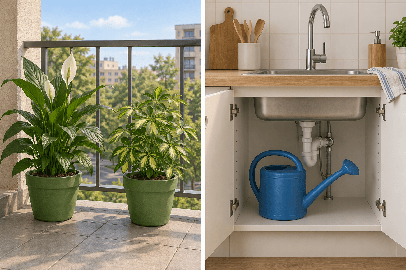 Links staan twee planten in groene potten op een balkon. Rechts staat een blauwe gieter in de open kast onder de gootsteen.