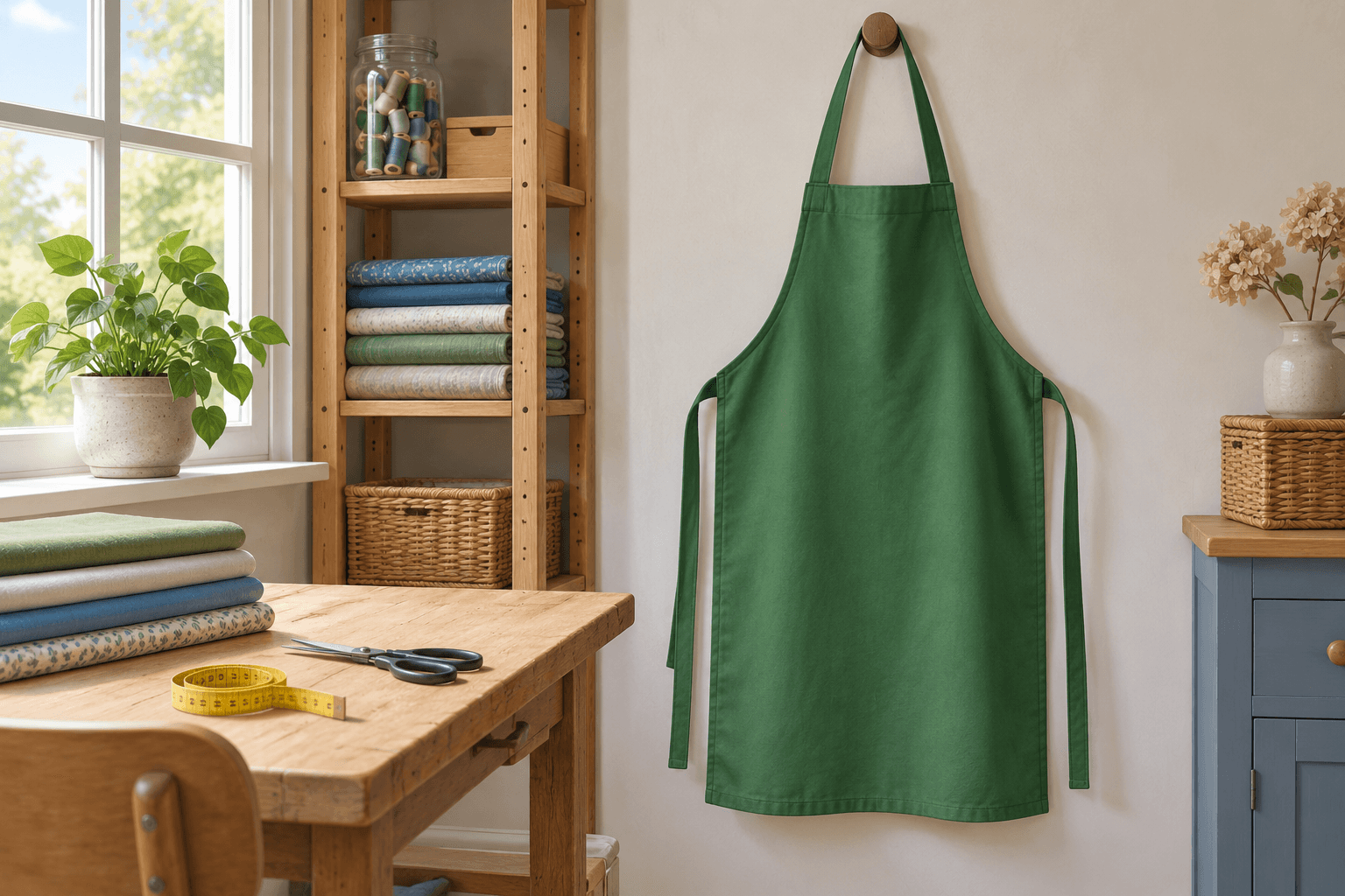 Een groen schort zonder zak of opdruk hangt aan een haak in een naaiatelier.
