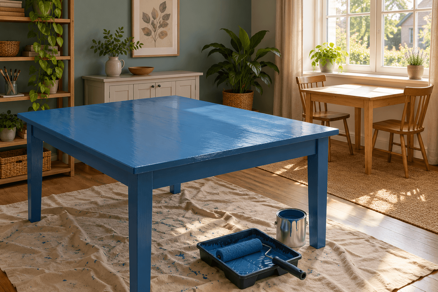 Een grote tafel is net blauw geverfd. Naast de verfspullen staat verderop een kleine houten tafel bij het raam.