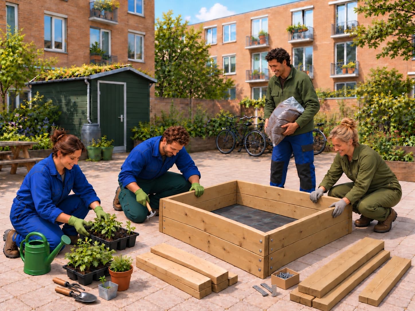 Vier buurtbewoners bouwen plantenbakken en maken de grond klaar voor een buurttuin.