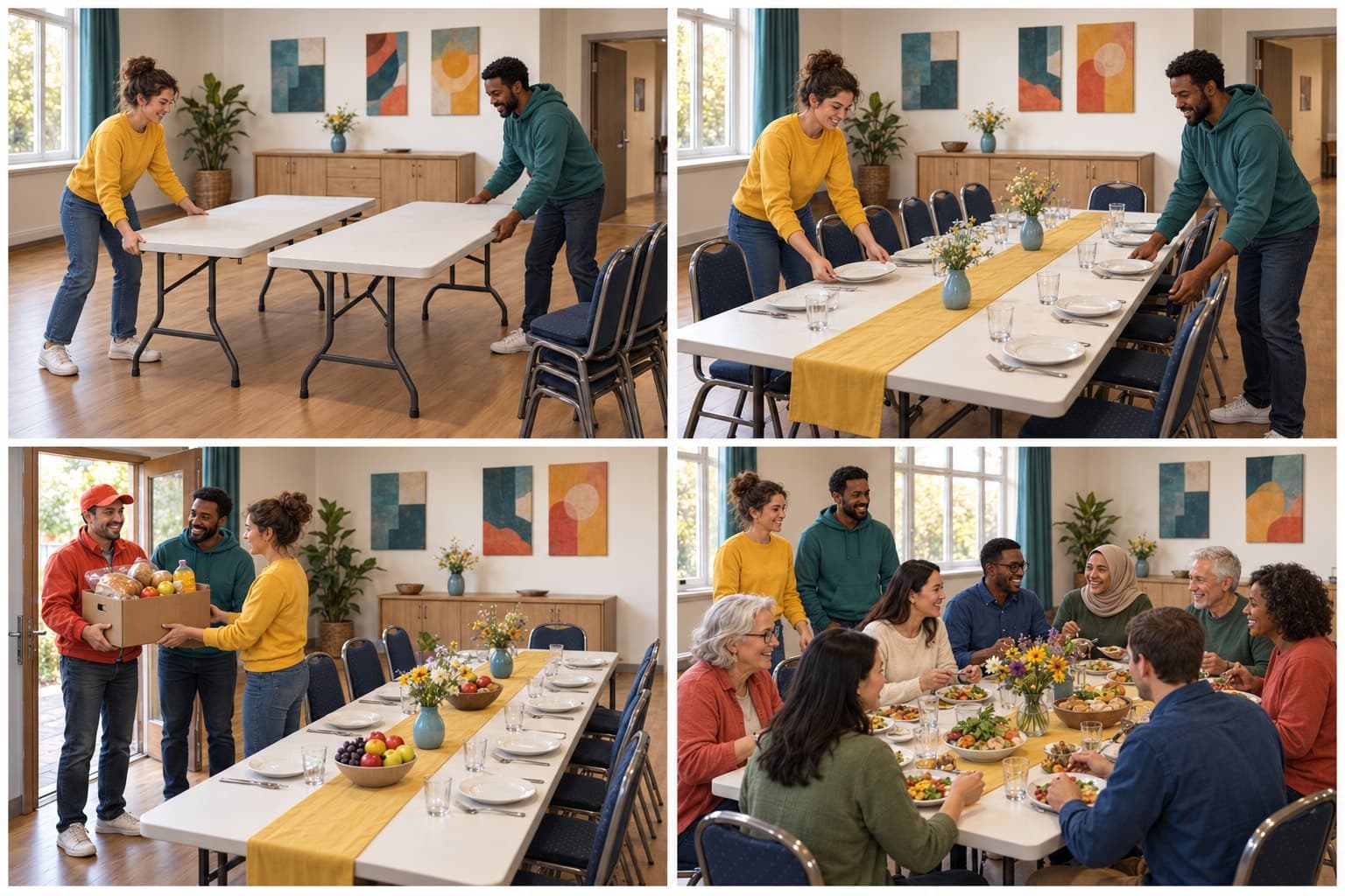 Vier afbeeldingen: vrijwilligers zetten tafels en stoelen klaar, dekken de tafels, ontvangen eten en verwelkomen buurtbewoners voor een lunch.
