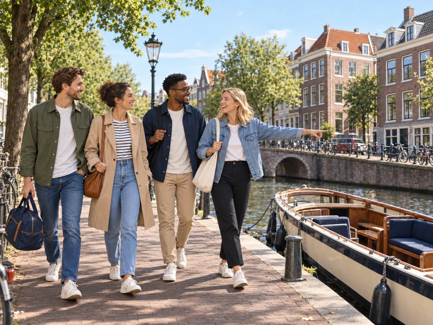 Vier collega's komen aan bij een rondvaartboot in een Nederlandse stad.