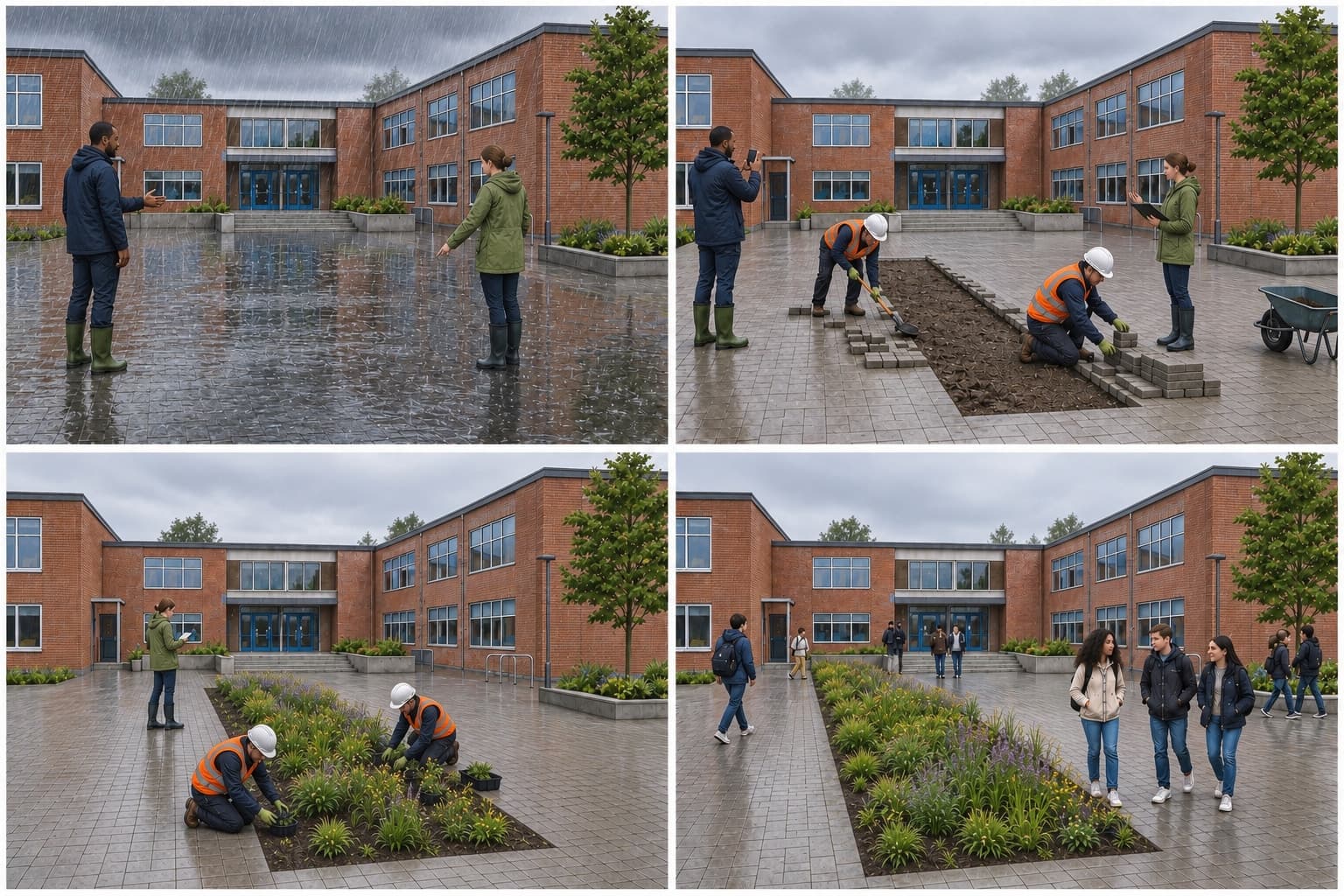 Vier opeenvolgende beelden van hetzelfde schoolplein: na zware regen staat het plein bij de ingang onder water, daarna verwijderen werklieden een strook tegels, vervolgens leggen zij een beplante regenstrook en waterdoorlatende bestrating aan, en na nieuwe regen blijft de ingang droog terwijl leerlingen het plein gebruiken.